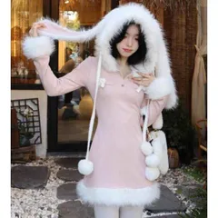 Đầm lông hồng mũ tai thỏ trắng đáng yêu mùa đông