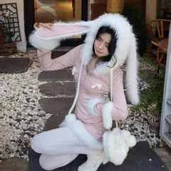 Đầm lông hồng mũ tai thỏ trắng đáng yêu mùa đông