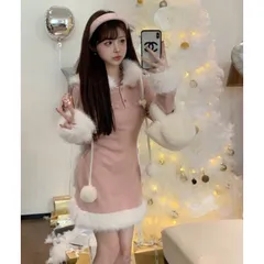 Đầm lông hồng mũ tai thỏ trắng đáng yêu mùa đông