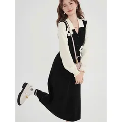 Váy len đen phối hoa cổ bẻ sơ mi đơn giản