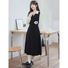 Váy len đen phối hoa cổ bẻ sơ mi đơn giản