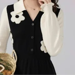 Váy len đen phối hoa cổ bẻ sơ mi đơn giản