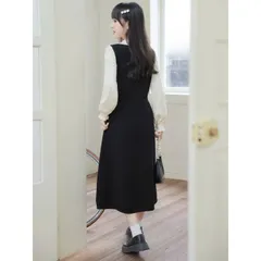 Váy len đen phối hoa cổ bẻ sơ mi đơn giản