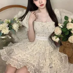 Váy voan hoa xếp tầng bèo phối viền eo ren dễ thương (sẵn xả)