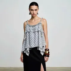 Áo Hai Dây Bèo Tầng Họa Tiết Caro Phối Nơ - Áo Kiểu Nữ 2 Dây Dáng Xòe Ulzzang Hàn Quốc
