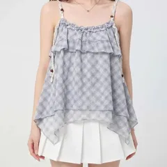 Áo Hai Dây Bèo Tầng Họa Tiết Caro Phối Nơ - Áo Kiểu Nữ 2 Dây Dáng Xòe Ulzzang Hàn Quốc