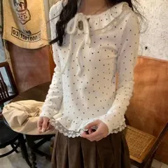 Áo mặc trong lông thỏ giữ nhiệt chấm bi lượn bèo thắt nơ. Áo mặc trong chấm bi đen trắng kem phối với áo khoác ngoài