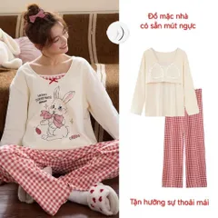 Bộ quần áo thun dài tay mặc ở nhà có sẵn mút ngực. Bộ ngủ mặc nhà dễ thương mùa đông