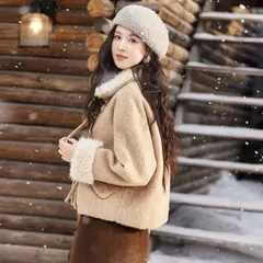 Áo khoác nhung nâu phối cổ lông cừu dáng ngắn phối nút cúc dây nơ khuyu sừng