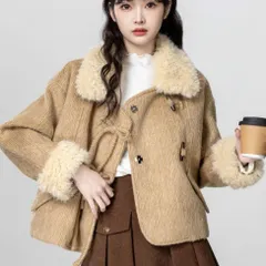 Áo khoác nhung nâu phối cổ lông cừu dáng ngắn phối nút cúc dây nơ khuyu sừng