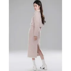 Set đầm dạ hồng dáng dài và áo vest cổ khăn lệch tiểu thư (SẴN)