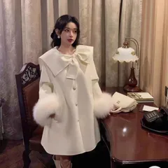 Áo choàng dạ lông dáng rộng đính tay lông xù bông tiểu thư