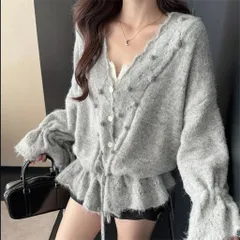 Áo len mỏng cổ chữ V thiết kế rút dây đính bông tròn viền bèo (SẴN)