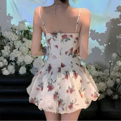 Váy voan hoa hồng cúp ngực xòe cuộn bèo xếp ly tiểu thư (sẵn S)