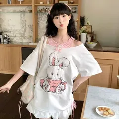 Áo thun trễ vai lót cổ yếm bèo thêu hình thỏ bông dễ thương