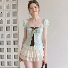 Áo thô bèo chấm bi kiểu thắt dây nơ phối hai lớp may liền đính cúc tiểu thư (SẴN CHUẨN QUẢNG CHÂU)