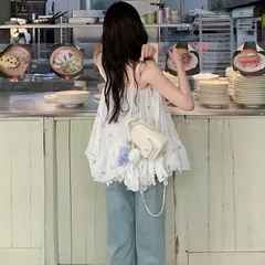 Áo Hai Dây Nữ Họa Tiết Hoa Nhí Xanh Rút Dây Ngực Vạt Xếp Bèo Và Viền Ren Hoa Trắng