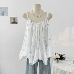 Áo Hai Dây Nữ Họa Tiết Hoa Nhí Xanh Rút Dây Ngực Vạt Xếp Bèo Và Viền Ren Hoa Trắng