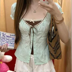 Áo thô bèo chấm bi kiểu thắt dây nơ phối hai lớp may liền đính cúc tiểu thư (SẴN CHUẨN QUẢNG CHÂU)
