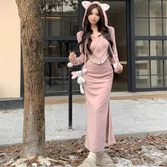Set váy suông dáng dài xẻ tà và áo khoác tai mèo màu hồng dễ thương ( SẴN S)