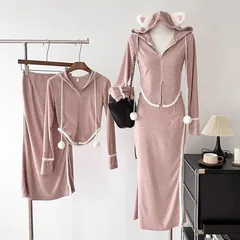 Set váy suông dáng dài xẻ tà và áo khoác tai mèo màu hồng dễ thương ( SẴN S)