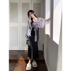 Set váy hai dây thun đuôi cá phối voan hoa thắt nơ kèm áo khoác có bigsize (sẵn XẢ đen M)