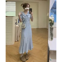 Váy đầm voan đuôi cá xòe cổ bèo ngắn tay