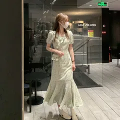 Váy đầm voan đuôi cá xòe cổ bèo ngắn tay