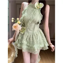 Váy cổ yếm voan lượn bèo tầng tua rua dáng xòe công chúa xanh pastel kiểu cổ tích nữ tính (XẢ)