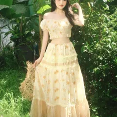 Set Váy Dài Maxi Đi Biển Và Áo Trễ Vai Hoa Nhí Màu Vàng Bơ Xinh Xắn Công Chúa Phối Ren Điệu Đà