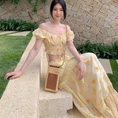 Set Váy Dài Maxi Đi Biển Và Áo Trễ Vai Hoa Nhí Màu Vàng Bơ Xinh Xắn Công Chúa Phối Ren Điệu Đà