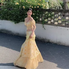 Set Váy Dài Maxi Đi Biển Và Áo Trễ Vai Hoa Nhí Màu Vàng Bơ Xinh Xắn Công Chúa Phối Ren Điệu Đà