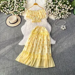 Set Váy Dài Maxi Đi Biển Và Áo Trễ Vai Hoa Nhí Màu Vàng Bơ Xinh Xắn Công Chúa Phối Ren Điệu Đà