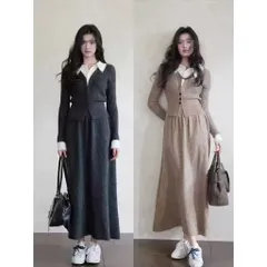 Set bộ đầm len dáng dài và áo polo đính cúc phối trắng thanh lịch trơn màu