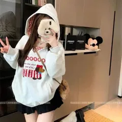 Set bộ hai món áo hoodie khoét cổ V phối yếm đỏ kẻ caro in hình chú cún dễ thương