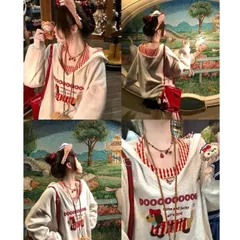 Set bộ hai món áo hoodie khoét cổ V phối yếm đỏ kẻ caro in hình chú cún dễ thương