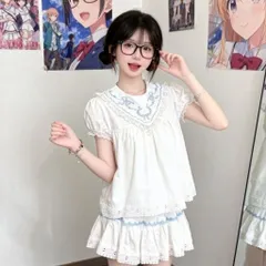 Set bộ áo babydoll viền ren và chân váy thô trắng họa tiết hoa xanh cổ tích kiểu Pháp dễ thương (SẴN)