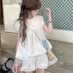 Set bộ áo babydoll viền ren và chân váy thô trắng họa tiết hoa xanh cổ tích kiểu Pháp dễ thương (SẴN)