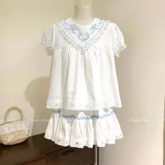 Set bộ áo babydoll viền ren và chân váy thô trắng họa tiết hoa xanh cổ tích kiểu Pháp dễ thương (SẴN)