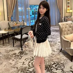 Áo khoác len cardigan 2 lớp cổ tròn chấm bi đen trắng cho nữ tiểu thư