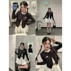 Áo khoác len cardigan 2 lớp cổ tròn chấm bi đen trắng cho nữ tiểu thư