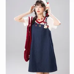 Váy Yếm Bò Denim Xanh Phối Áo Bèo Trắng Dáng Chữ A Xẻ Tà Đính Dâu Đỏ Phong Cách Mori Girl Dễ Thương