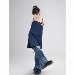 Váy Yếm Bò Denim Xanh Phối Áo Bèo Trắng Dáng Chữ A Xẻ Tà Đính Dâu Đỏ Phong Cách Mori Girl Dễ Thương