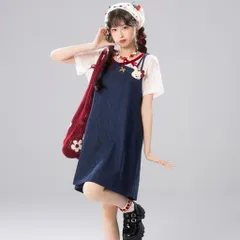 Váy Yếm Bò Denim Xanh Phối Áo Bèo Trắng Dáng Chữ A Xẻ Tà Đính Dâu Đỏ Phong Cách Mori Girl Dễ Thương
