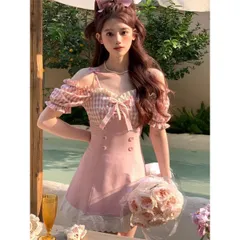 Váy đầm phối yếm corset phối caro trễ vai