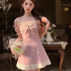 Váy đầm phối yếm corset phối caro trễ vai