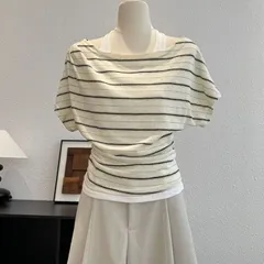 Áo Cộc Tay Cánh Dơi Kẻ Ngang Trễ Vai Cổ Layer Kèm Áo Dây Cổ Bên Trong Vải Thun Lỗ Thoáng Khí