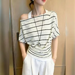 Áo Cộc Tay Cánh Dơi Kẻ Ngang Trễ Vai Cổ Layer Kèm Áo Dây Cổ Bên Trong Vải Thun Lỗ Thoáng Khí