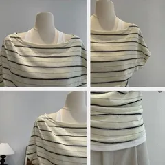 Áo Cộc Tay Cánh Dơi Kẻ Ngang Trễ Vai Cổ Layer Kèm Áo Dây Cổ Bên Trong Vải Thun Lỗ Thoáng Khí