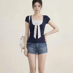 Áo thun ngắn tay tím than cổ vuông phối chấm bi kiểu hai mảnh thắt nơ ngực ngọt ngào mùa hè